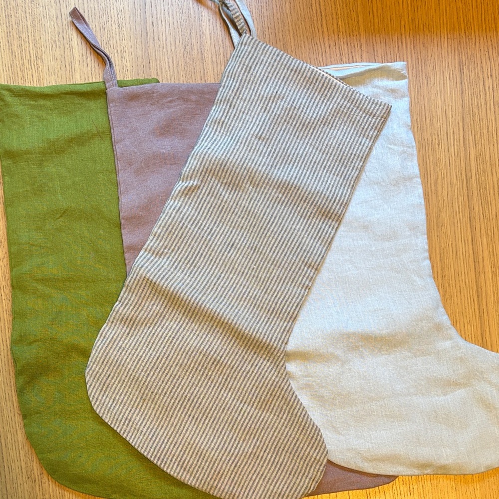 Christmas Stockings in Green, Purple, Light Blue, Grey/Tan Stripe